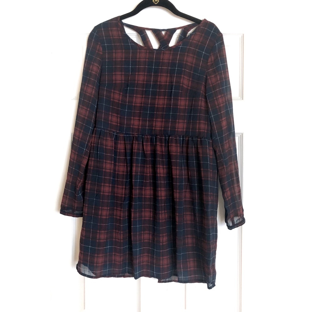 Divided Plaid Open Back Long Sleeve Dress